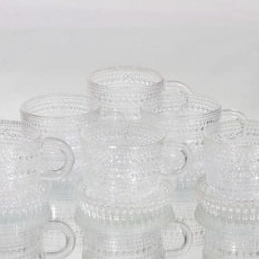 Nuutajärvi Kastehelmi kahvikupit ja aluset, kirkas, 6 kpl, suunnittelija Oiva Toikka,