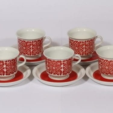 Arabia Tytti kahvikupit, punainen, 5 kpl, suunnittelija Raija Uosikkinen, serikuva