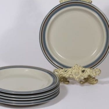 Arabia Uhtua lautaset, matala, 6 kpl, suunnittelija Inkeri Leivo, matala, raitakoriste, matala