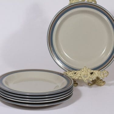 Arabia Uhtua lautaset, matala, 6 kpl, suunnittelija Inkeri Leivo, matala, raitakoriste, matala