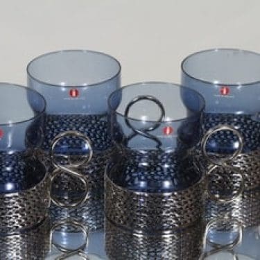 Iittala Tsaikka teelasit, sininen, 4 kpl, suunnittelija Timo Sarpaneva, teräskahva