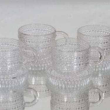 Nuutajärvi Kastehelmi kahvikupit ja aluset, kirkas, 4 kpl, suunnittelija Oiva Toikka,