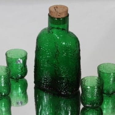 Nuutajärvi Fauna karahvi ja snapsilasit, vihreä, 4 kpl, suunnittelija Oiva Toikka,