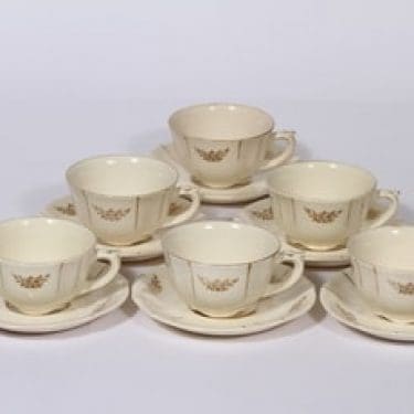 Arabia Irja kahvikupit, 6 kpl, suunnittelija , painettu, kultakoriste