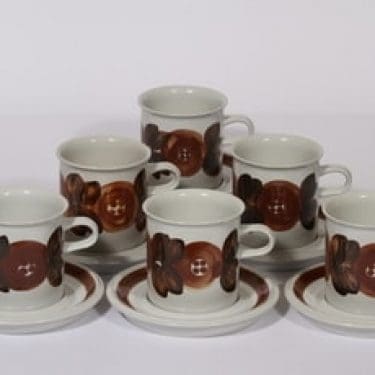 Arabia Rosmarin kaakaokupit, signeerattu, 6 kpl, suunnittelija Ulla Procope, signeerattu, kukka-aihe