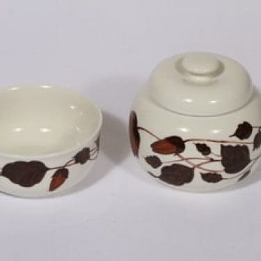 Arabia Tea for two sokerikko ja makeiskulho, ruskea, suunnittelija Gunvor Olin-Grönqvist, serikuva