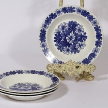 Arabia Sinikukka lautaset, syvä, 4 kpl, suunnittelija Esteri Tomula, syvä, serikuva, lehti-aihe