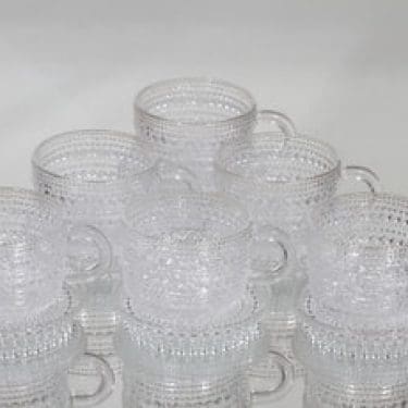 Nuutajärvi Kastehelmi kahvikupit ja aluset, kirkas, 6 kpl, suunnittelija Oiva Toikka,