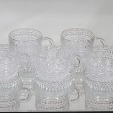 Nuutajärvi Kastehelmi kahvikupit ja aluset, kirkas, 5 kpl, suunnittelija Oiva Toikka,