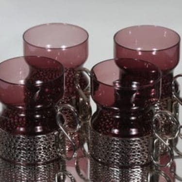 Iittala Tsaikka teelasit, lila, 4 kpl, suunnittelija Timo Sarpaneva, metallikahva