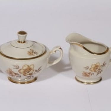 Arabia Myrna sokerikko ja kermakko, suunnittelija Olga Osol, siirtokuva, kukka-aihe