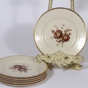 Arabia Finlandia leivoslautaset, ruskea, 6 kpl, suunnittelija , serikuva, kukka-aihe, kullattu