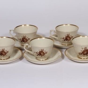 Arabia Finlandia kahvikupit, ruskea, 5 kpl, suunnittelija , serikuva, kukka-aihe, kullattu