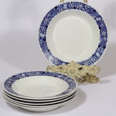 Arabia kukkakuvio lautaset, syvä, 6 kpl, suunnittelija , syvä, kuparipainokoriste, retro