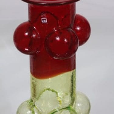 Riihimäen lasi Pajazzo maljakko, rubiininpunainen-keltainen, suunnittelija Nanny Still, suuri, retro