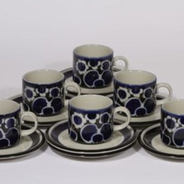 Arabia Saara kahvikupit, sininen, 6 kpl, suunnittelija Anja Jaatinen-Winquist, puhalluskoriste, retro