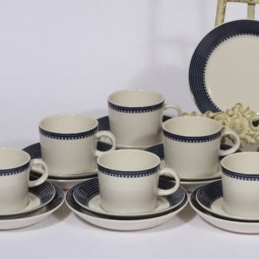 Arabia Teema kahvikupit ja lautaset, sininen koriste, 6 kpl, suunnittelija Kaj Franck,