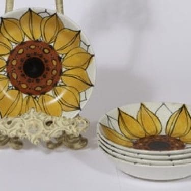 Arabia Aurinkoruusu lautaset, syvä, 5 kpl, suunnittelija Hilkka-Liisa Ahola, syvä, käsinmaalattu, signeerattu