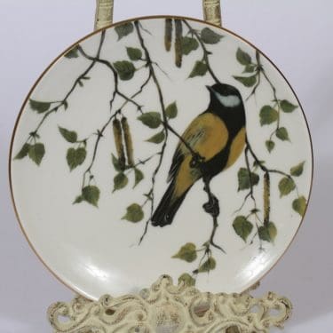 Arabia Neljä Vuodenaikaa koristelautanen, Talitianen ja Kevätkoivu, suunnittelija Riikka Hautamäki, Talitianen ja Kevätkoivu, serikuva, lintuaihe