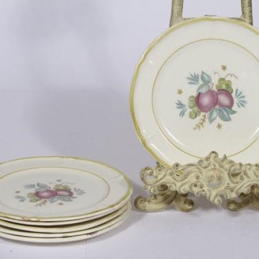 Arabia Sylvi lautaset, 6 kpl, suunnittelija Kaarina Aho, pieni, siirtokuva, hedelmäaihe