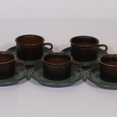 Arabia Ruska mokkakupit, ruskea-turkoosi, 5 kpl, suunnittelija Ulla Procope,