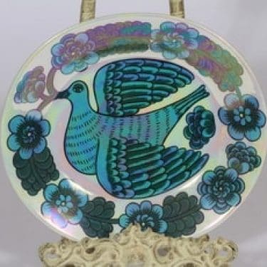 Arabia BK koristelautanen, sininen, suunnittelija Birger Kaipiainen, serikuva, lysteri, lintuaihe