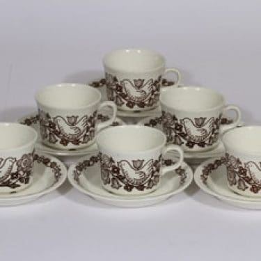 Arabia Sirkku kahvikupit, rubiininpunainen|ruskea, 6 kpl, suunnittelija Esteri Tomula, serikuva