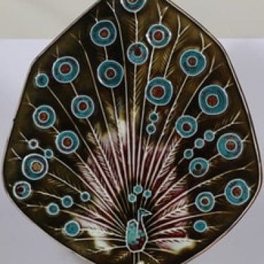 Arabia Riikinkukko seinälaatta, käsinmaalattu, suunnittelija Annikki Hovisaari, käsinmaalattu, suuri, signeerattu