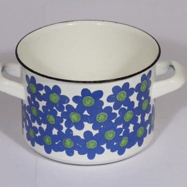 Finel Sinivuokko kattila, sininen, suunnittelija Esteri Tomula, serikuva, retro