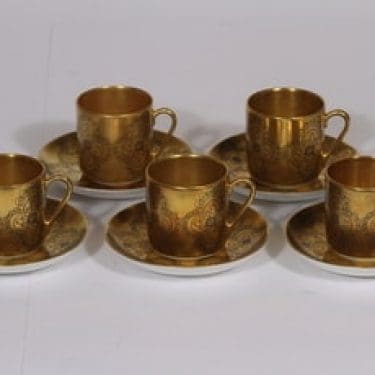 Arabia Gilda mokkakupit, 5 kpl, suunnittelija Esteri Tomula, painokoriste, kullattu