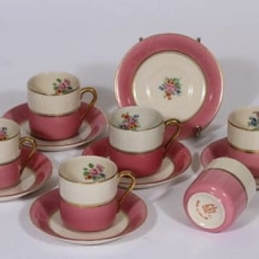 Arabia kukkakuvio mokkakupit, 6 kpl, suunnittelija , siirtokuva, kullattu