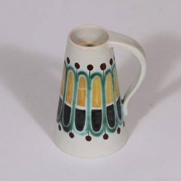 Kupittaan savi maljakko, käsinmaalattu, suunnittelija Tyyne Kemppainen, käsinmaalattu, pieni, signeerattu, retro
