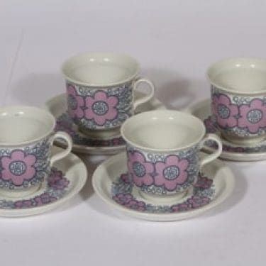 Arabia Violetta kahvikupit, vaaleanpunainen, 4 kpl, suunnittelija Raija Uosikkinen, serikuva, retro