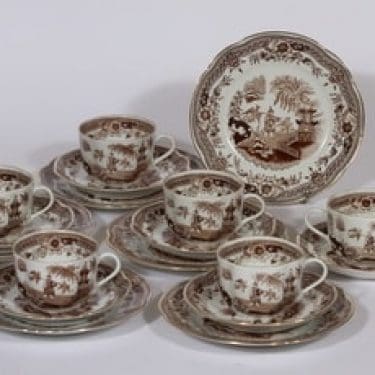 Arabia Singapore kahvikupit ja lautaset, ruskea, 6 kpl, suunnittelija , kuparipainokoriste, itämainen aihe