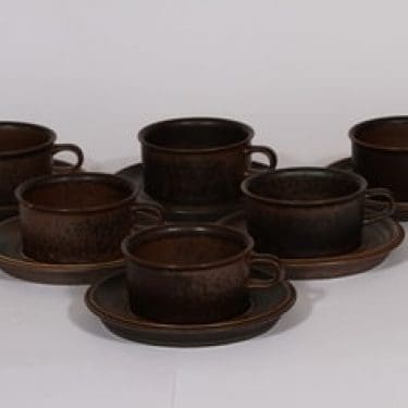 Arabia Ruska teekupit, ruskea lasite, 6 kpl, suunnittelija Ulla Procope,