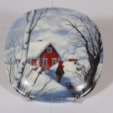 Arabia koristelautanen, Kotiseudun talvi, suunnittelija Anita Rantanen-Siewers, Kotiseudun talvi, pieni, serikuva, maisema-aihe