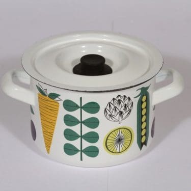 Finel Vegeta kattila, suunnittelija Esteri Tomula, serikuva, vihannesaihe, retro