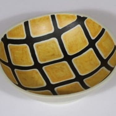 Kupittaan savi kulho, käsinmaalattu, suunnittelija Orvokki Laine, käsinmaalattu, signeerattu, retro