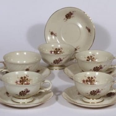 Arabia Raili teekupit, 5 kpl, suunnittelija , serikuva, kukka-aihe, kullattu