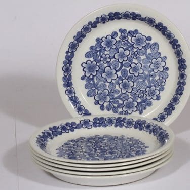 Arabia Kullervo lautaset, sininen, 6 kpl, suunnittelija , serikuva, kukka-aihe