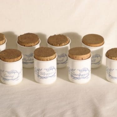 Arabia maustepurkit, tekstikuvio, 8 kpl, suunnittelija , tekstikuvio