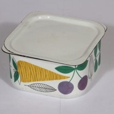 Finel Vegeta jääkaappirasia, suunnittelija Esteri Tomula, serikuva, vihannesaihe, retro