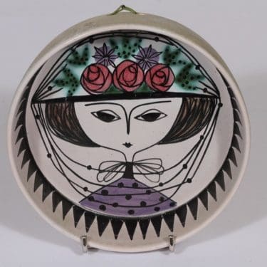 Kupittaan savi seinäkulho, käsinmaalattu, suunnittelija Laila Zink, käsinmaalattu, signeerattu, naisaihe, mattalasite