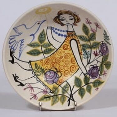 Kupittaan savi koristekulho, käsinmaalattu, suunnittelija Laila Zink, käsinmaalattu, signeerattu, naisaihe, mattalasite