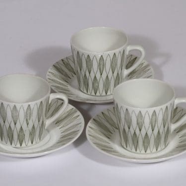 Arabia Vuokko kahvikupit, 3 kpl, suunnittelija Raija Uosikkinen, kuparipainokoriste, viiva-aihe