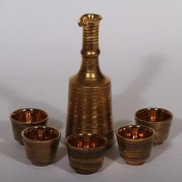 Savitorppa karahvi ja pikarit, signeerattu, 5 kpl, suunnittelija Holger Granbäck, signeerattu, pieni, kullattu, käsindreijattu