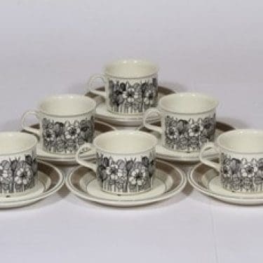 Arabia Krokus kahvikupit, mustavalkoinen, 6 kpl, suunnittelija Esteri Tomula, serikuva, kukka-aihe