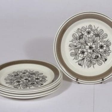 Arabia Krokus leivoslautaset, mustavalkoinen, 5 kpl, suunnittelija Esteri Tomula, serikuva, kukka-aihe