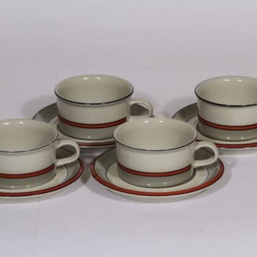 Arabia Aslak teekupit, oranssi, 4 kpl, suunnittelija Inkeri Leivo, raitakoriste