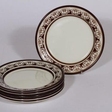 Arabia Katrilli lautaset, ruskea, 6 kpl, suunnittelija Esteri Tomula, pieni, serikuva